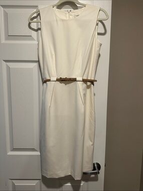 Calvin Klein Cream Midi Sheath Dress with Tan Belt